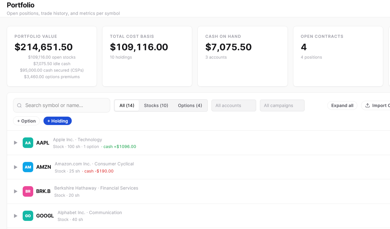 Stock Option Log portfolio page